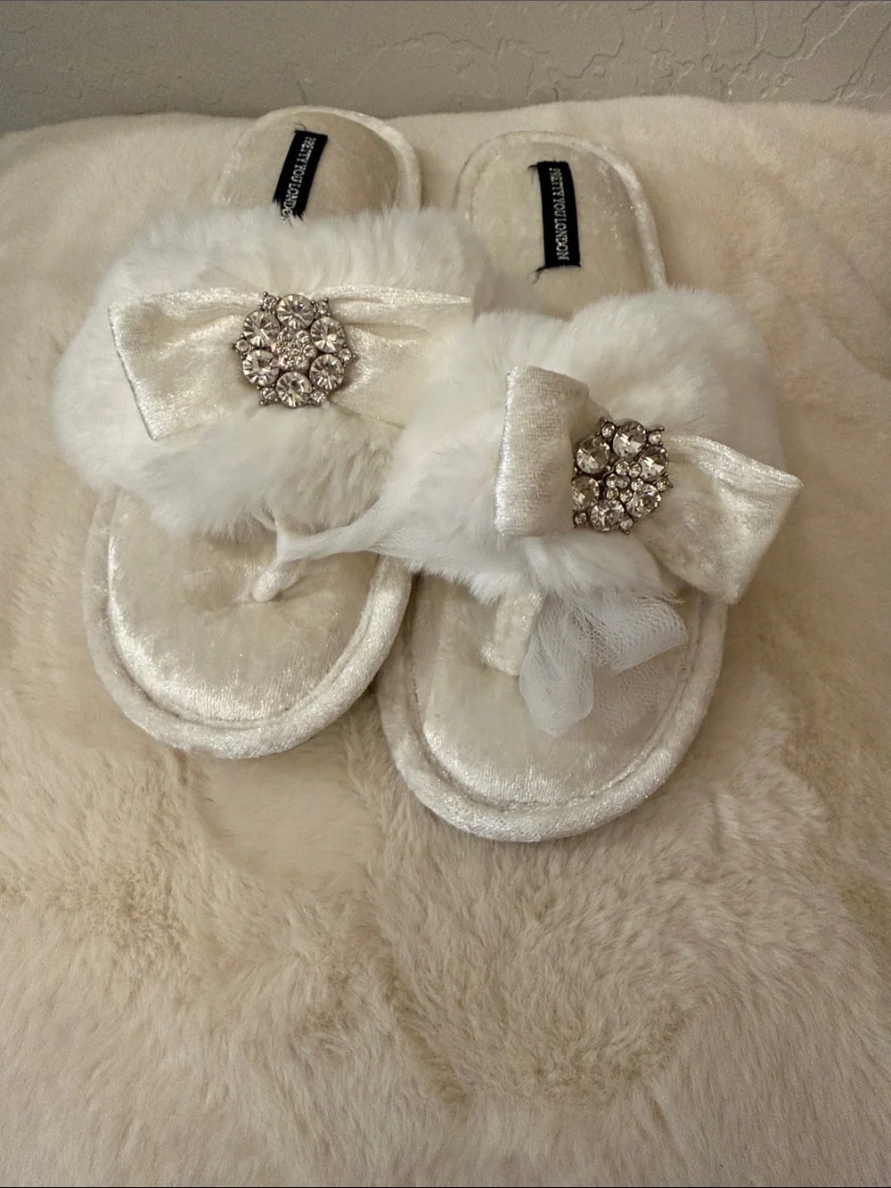 White Faux Fur Bow Kids Slippers with Crystal Accent